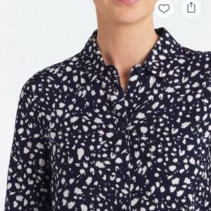 Navy and White Printed Button-Front Blouse